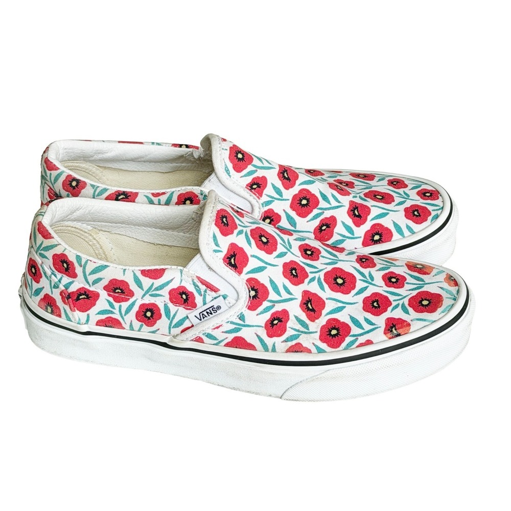 Vans Poppy Women's Size 7 White Red Floral Poppies Sneakers Shoes Slip On Summer